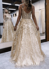 Diana |Long Gold Prom Dress Lace With A Line Spaghetti Straps Appliques - Gold - PromDressClub